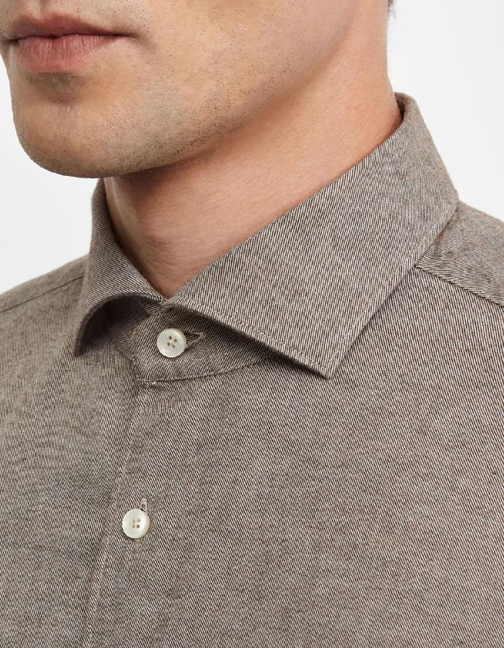 Xacus Camicia Collo francese Tinta Unita Twill Marrone Prezzo Ridotto