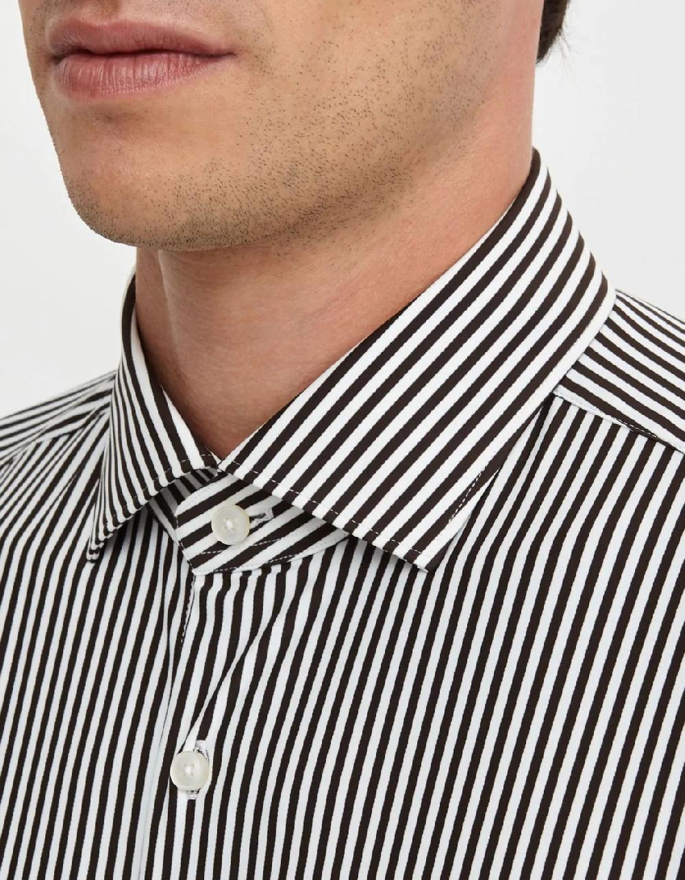 Xacus Camicia Collo francese piccolo Righe Twill Marrone