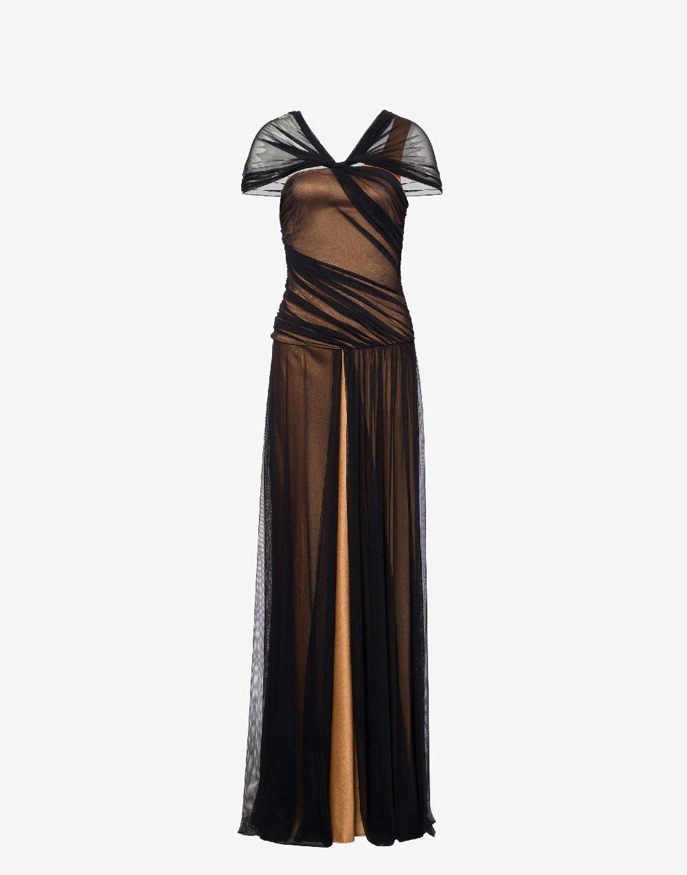 Alberta Ferretti Abito lungo in tulle stretch e raso Italy