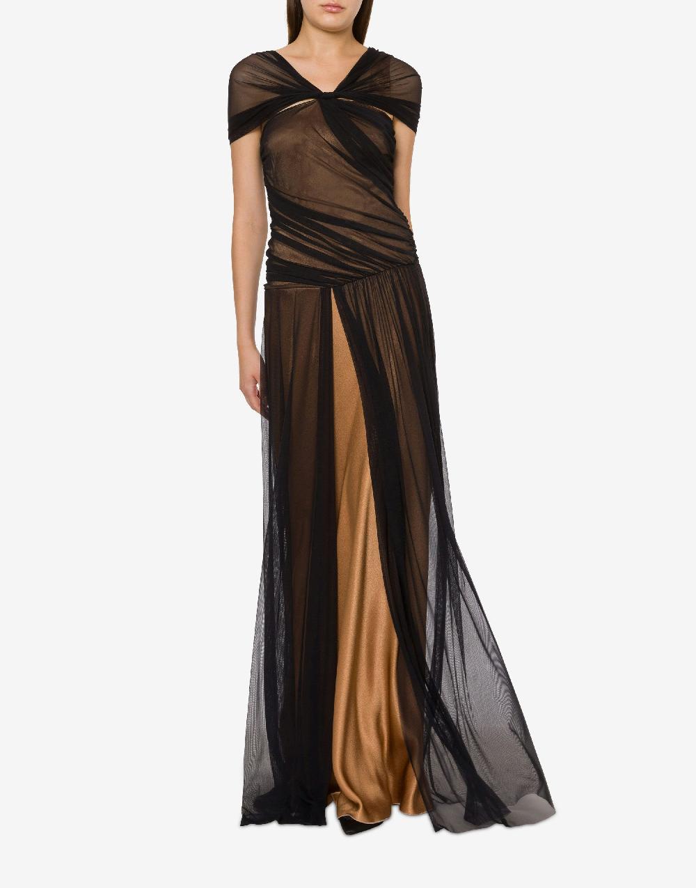 Alberta Ferretti Abito lungo in tulle stretch e raso Italy