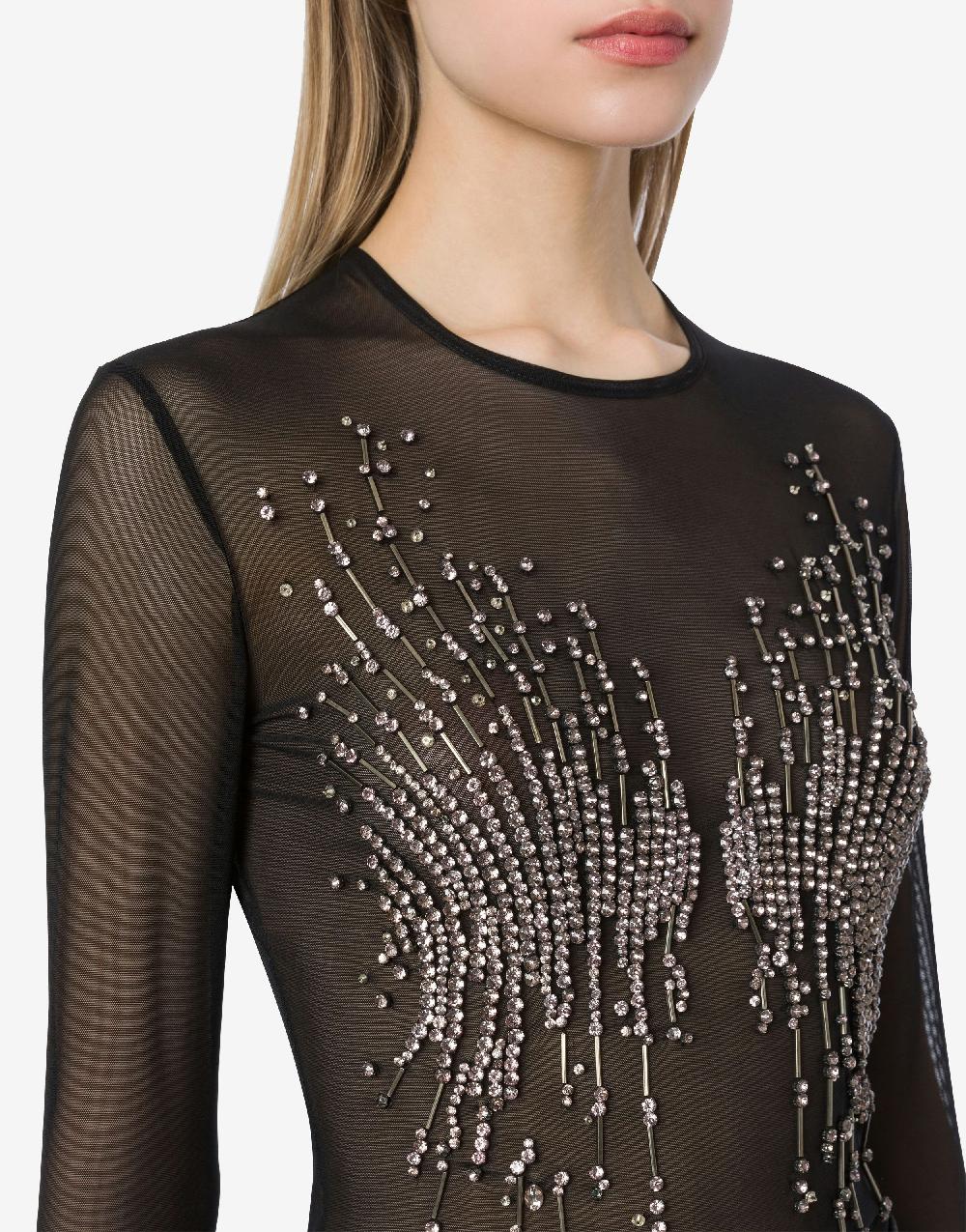 Alberta Ferretti T-shirt in tulle stretch con strass e perline Vendite Flash