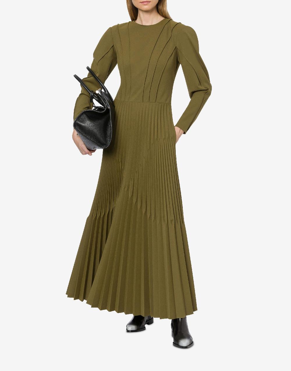 Alberta Ferretti Abito lungo in twill di lana stretch con plissé 2025