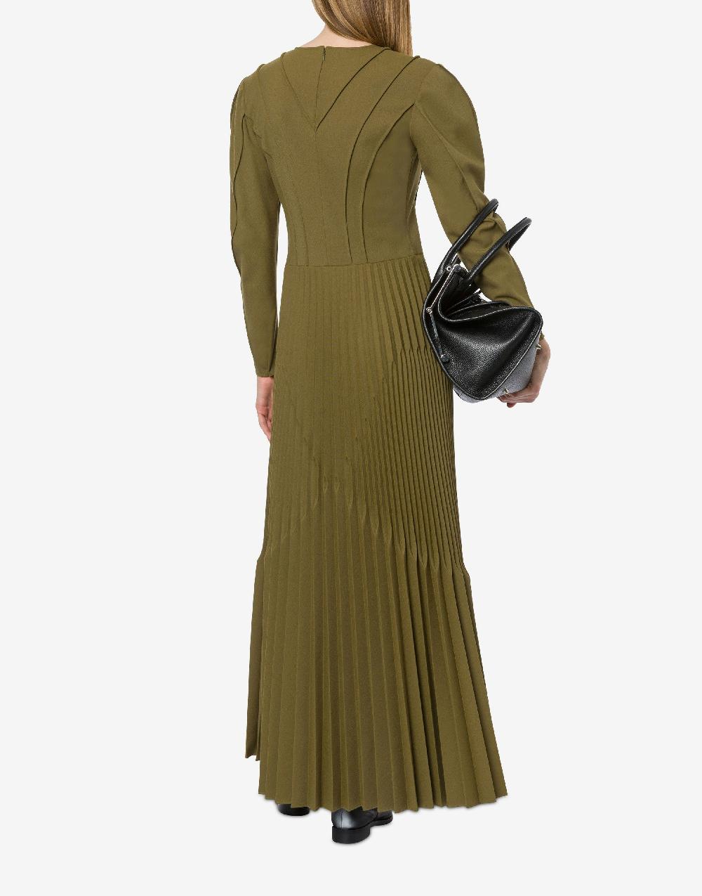 Alberta Ferretti Abito lungo in twill di lana stretch con plissé 2025