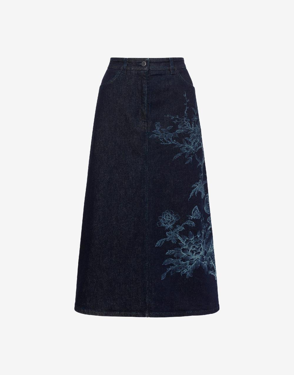 Alberta Ferretti Gonna in denim con disegno ciliegio e farfalle