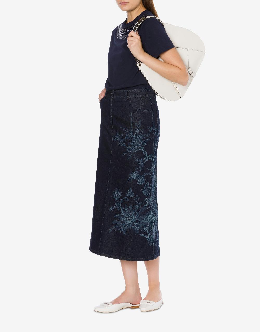 Alberta Ferretti Gonna in denim con disegno ciliegio e farfalle Prezzo Ridotto