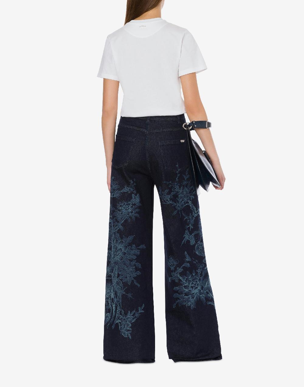 Alberta Ferretti Pantalone in denim con disegno ciliegio e farfalle Sottocosto
