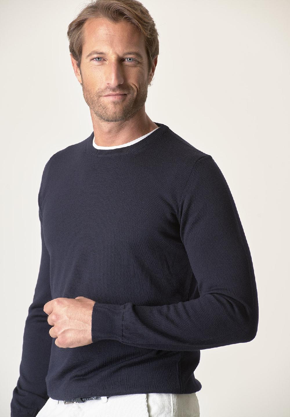 Angelico Girocollo blu lana merinos extrafine Sconto