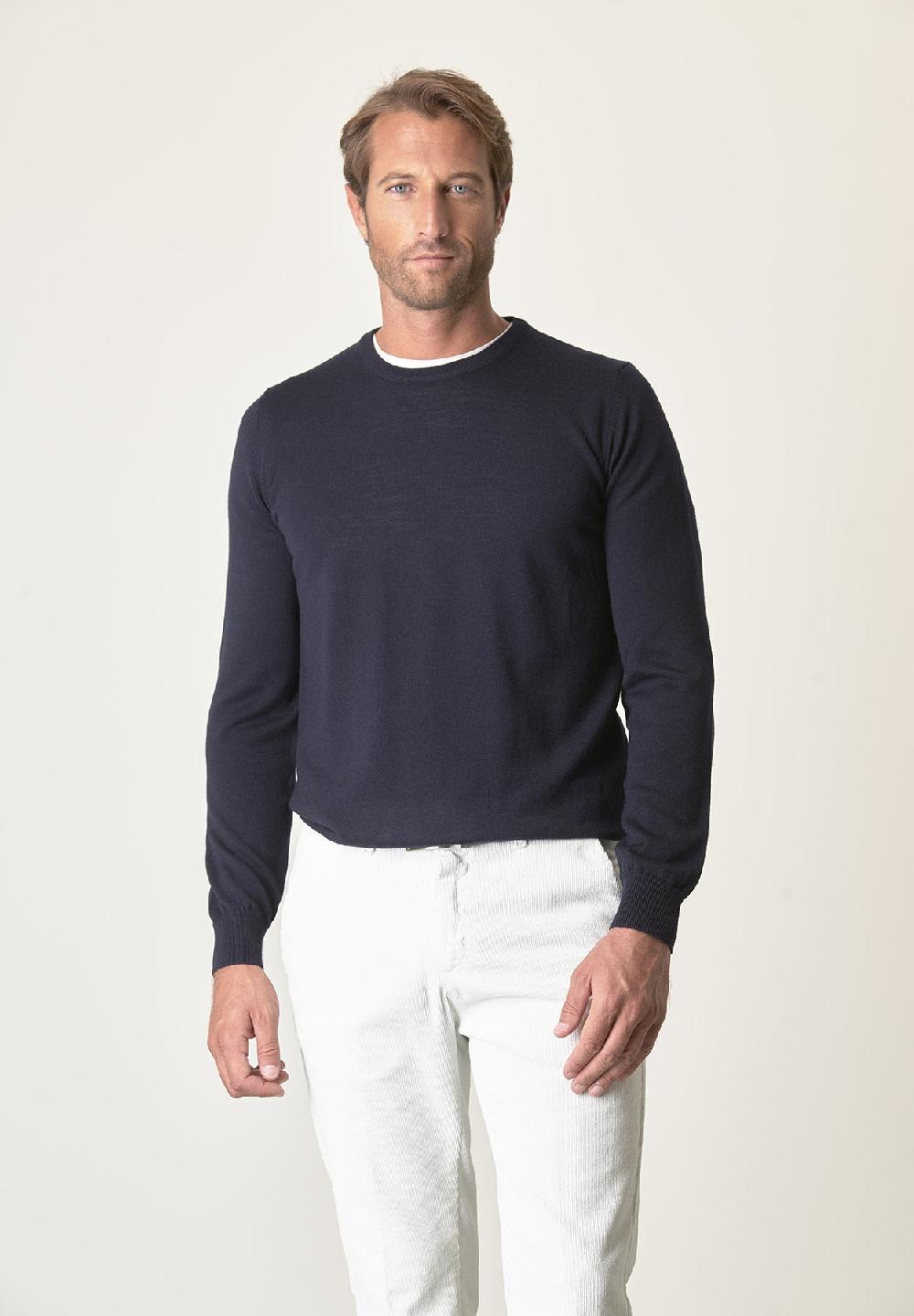 Angelico Girocollo blu lana merinos extrafine Sconto