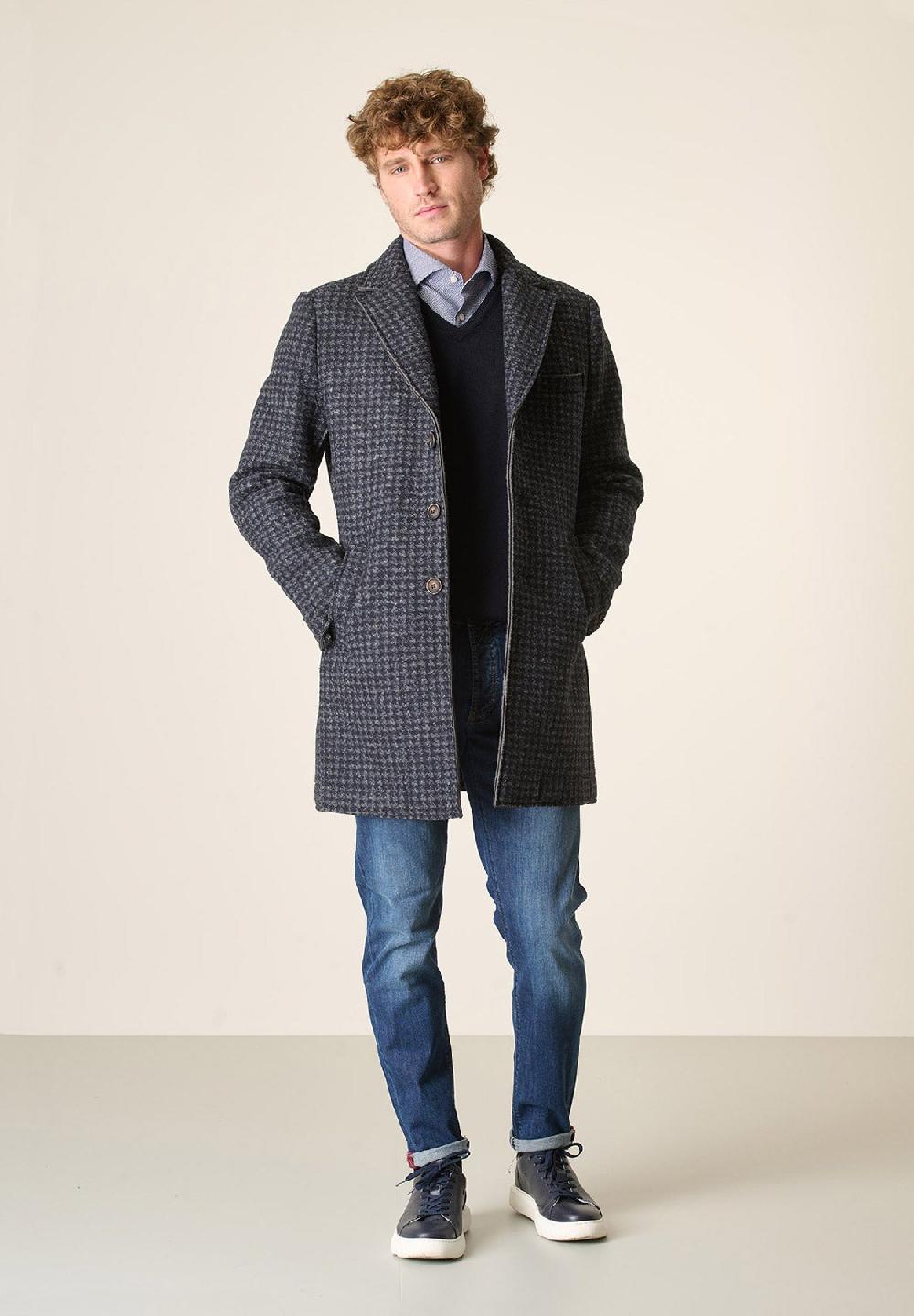 Angelico Cappotto blu grigio melange taglio vivo fantasia Pied de Poule