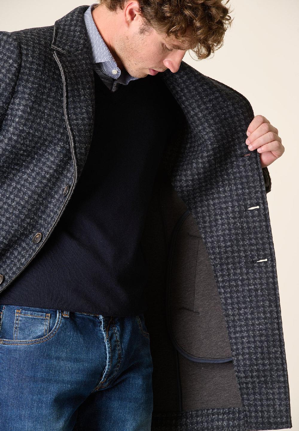 Angelico Cappotto blu grigio melange taglio vivo fantasia Pied de Poule Negozio