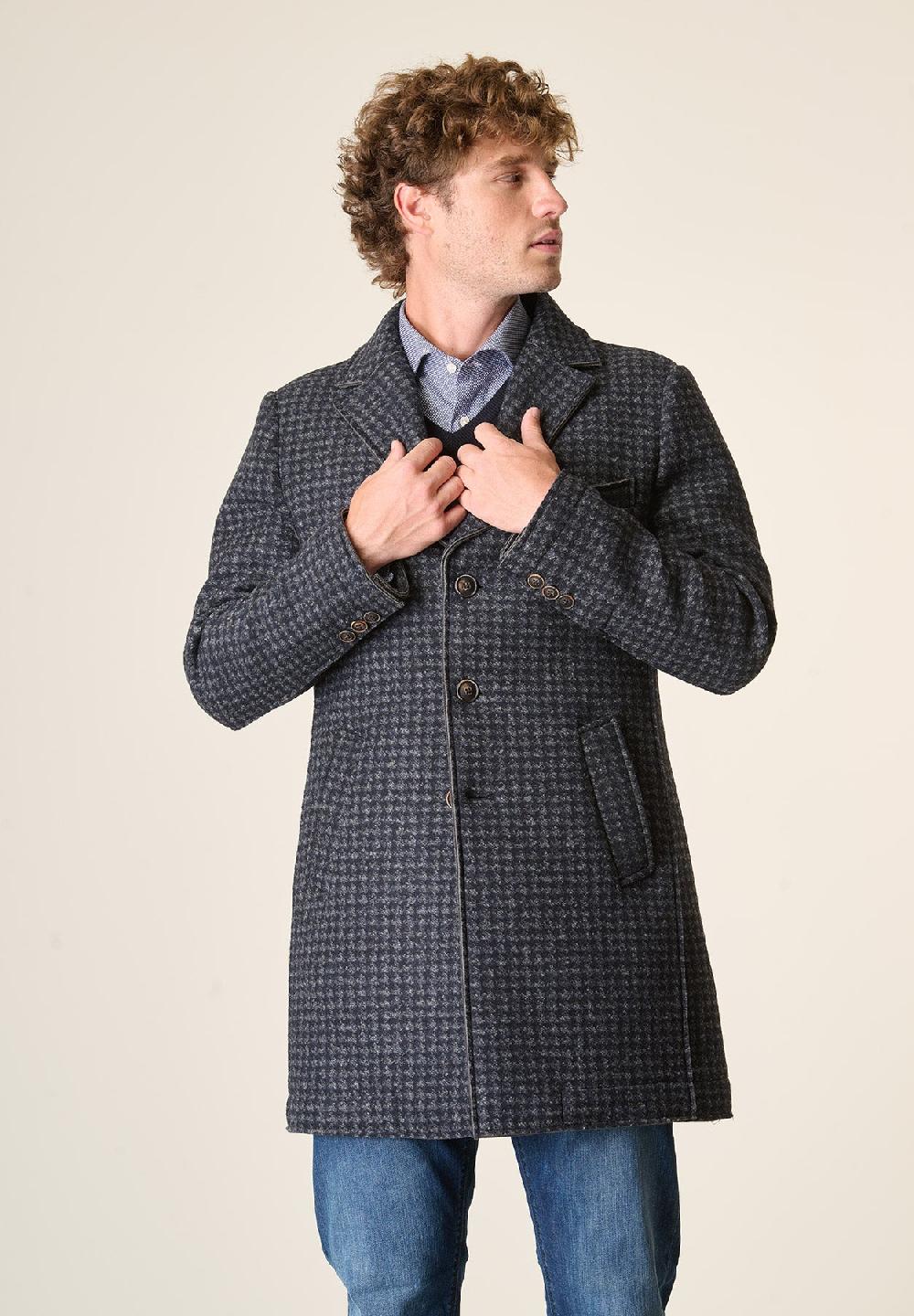 Angelico Cappotto blu grigio melange taglio vivo fantasia Pied de Poule Negozio