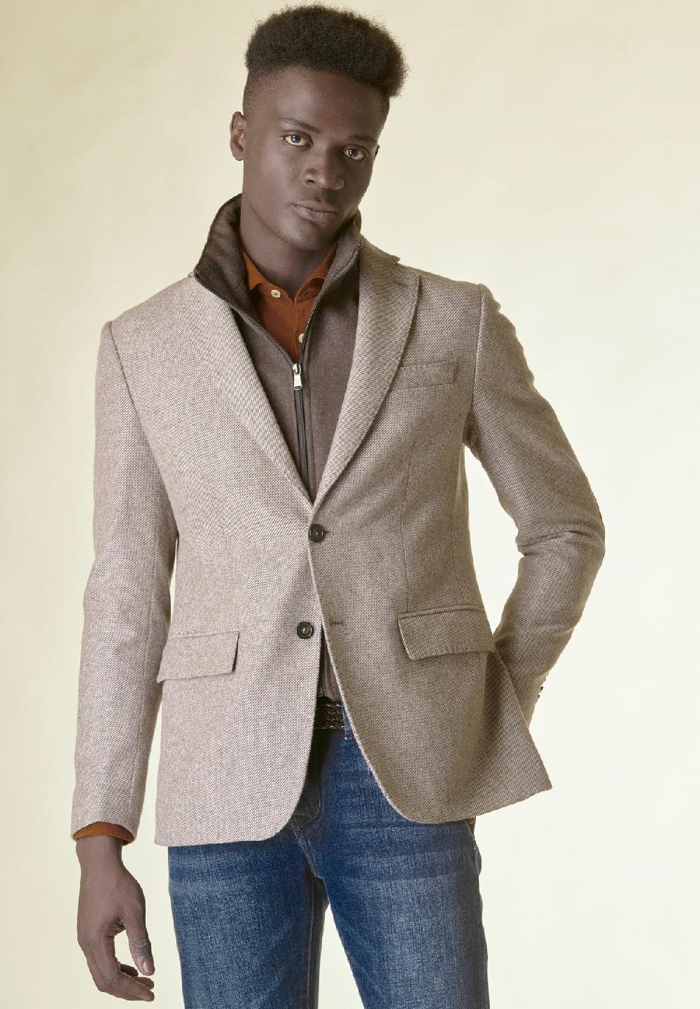 Angelico Giacca beige lana pettorina e toppe custom fit