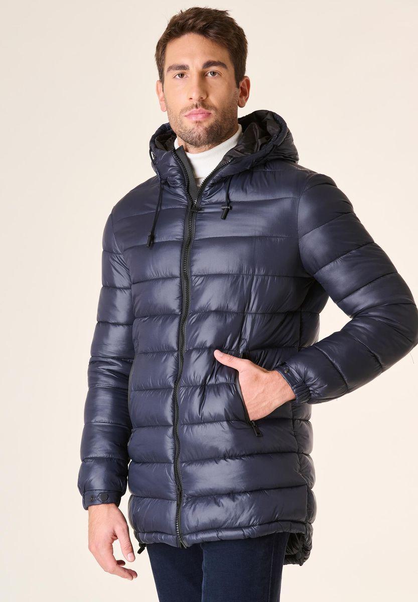 Angelico Giaccone blu lungo trapuntato cappuccio anorak Negozi Online