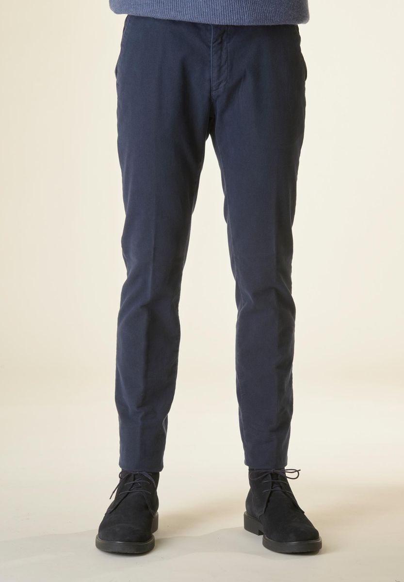 Angelico Pantalone blu fustagno microquadretto slim Saldi Di Fabbrica