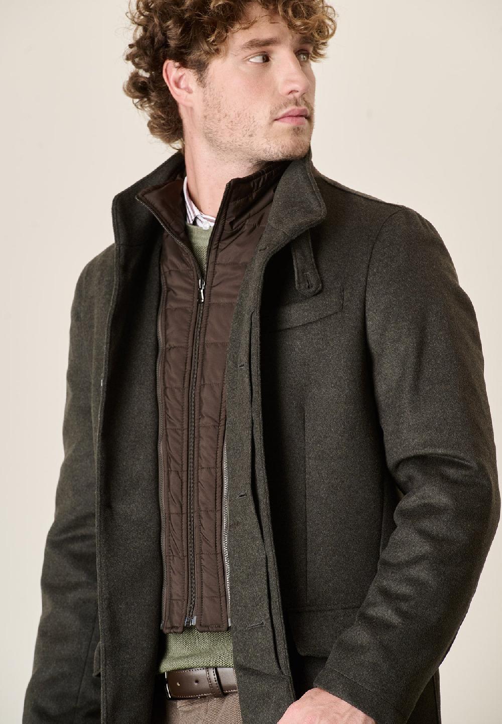 Angelico Cappotto verde misto cashmere collo coreano pettorina staccabile Italia