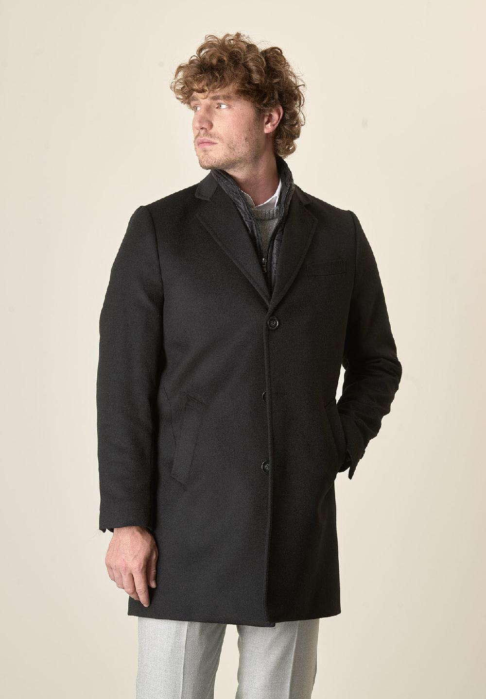Angelico Cappotto nero misto cashmere pettorina staccabile In Linea