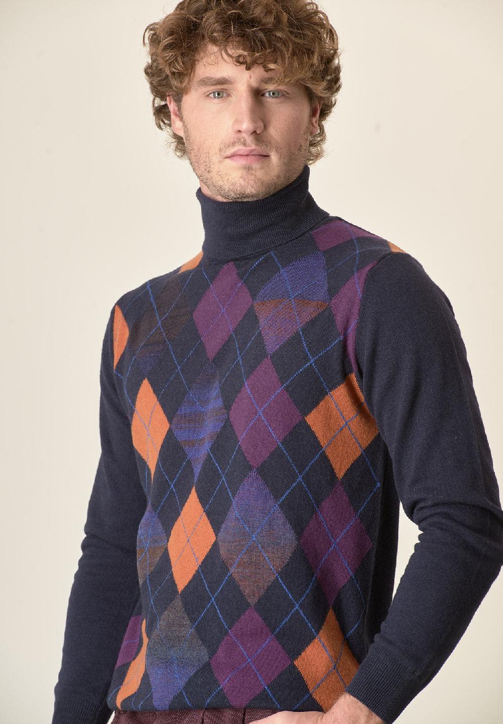 Angelico Dolcevita blu motivo rombi misto cashmere Promozione