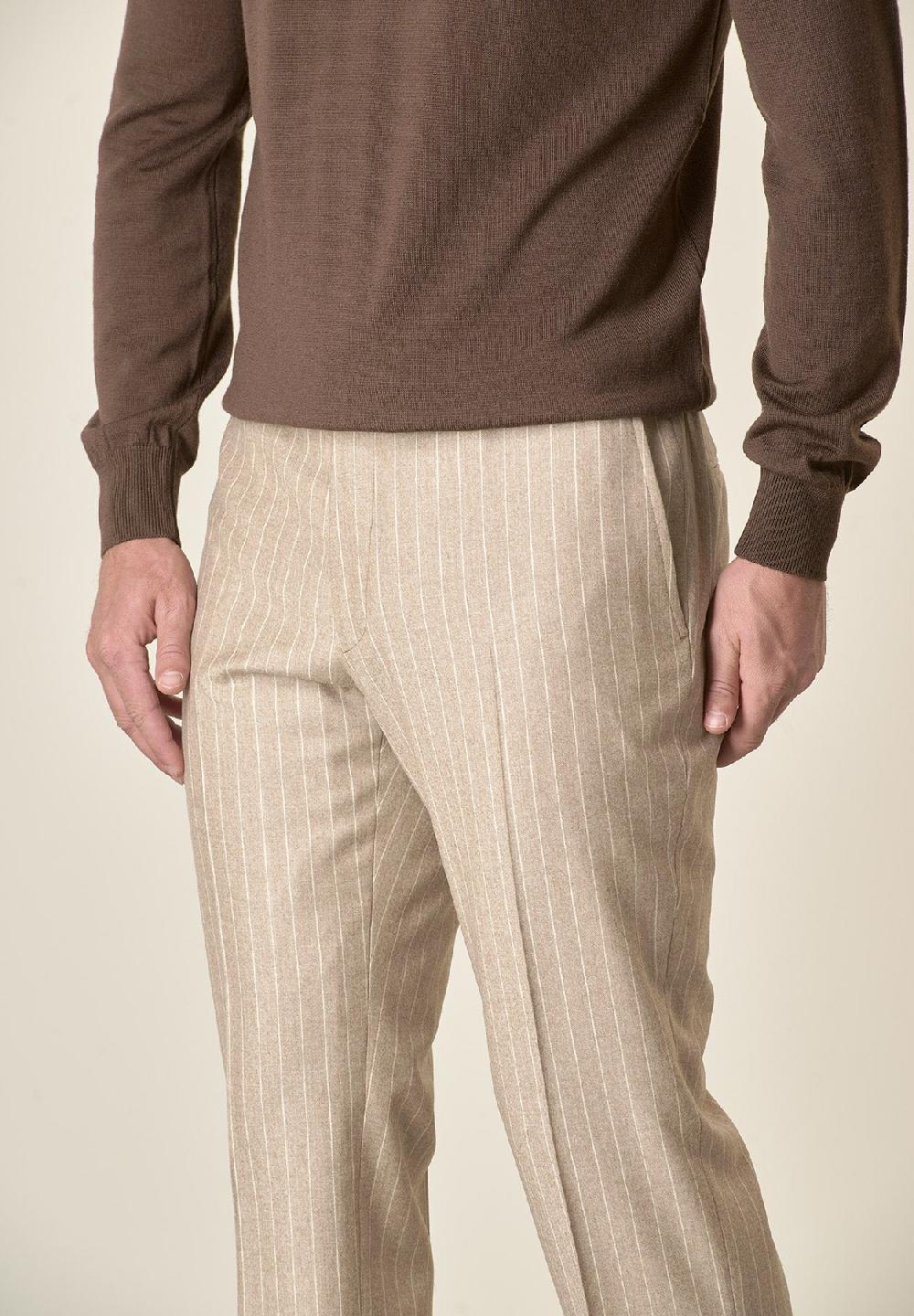 Angelico Pantalone beige gessato lana vergine custom fit Pezzi Unici