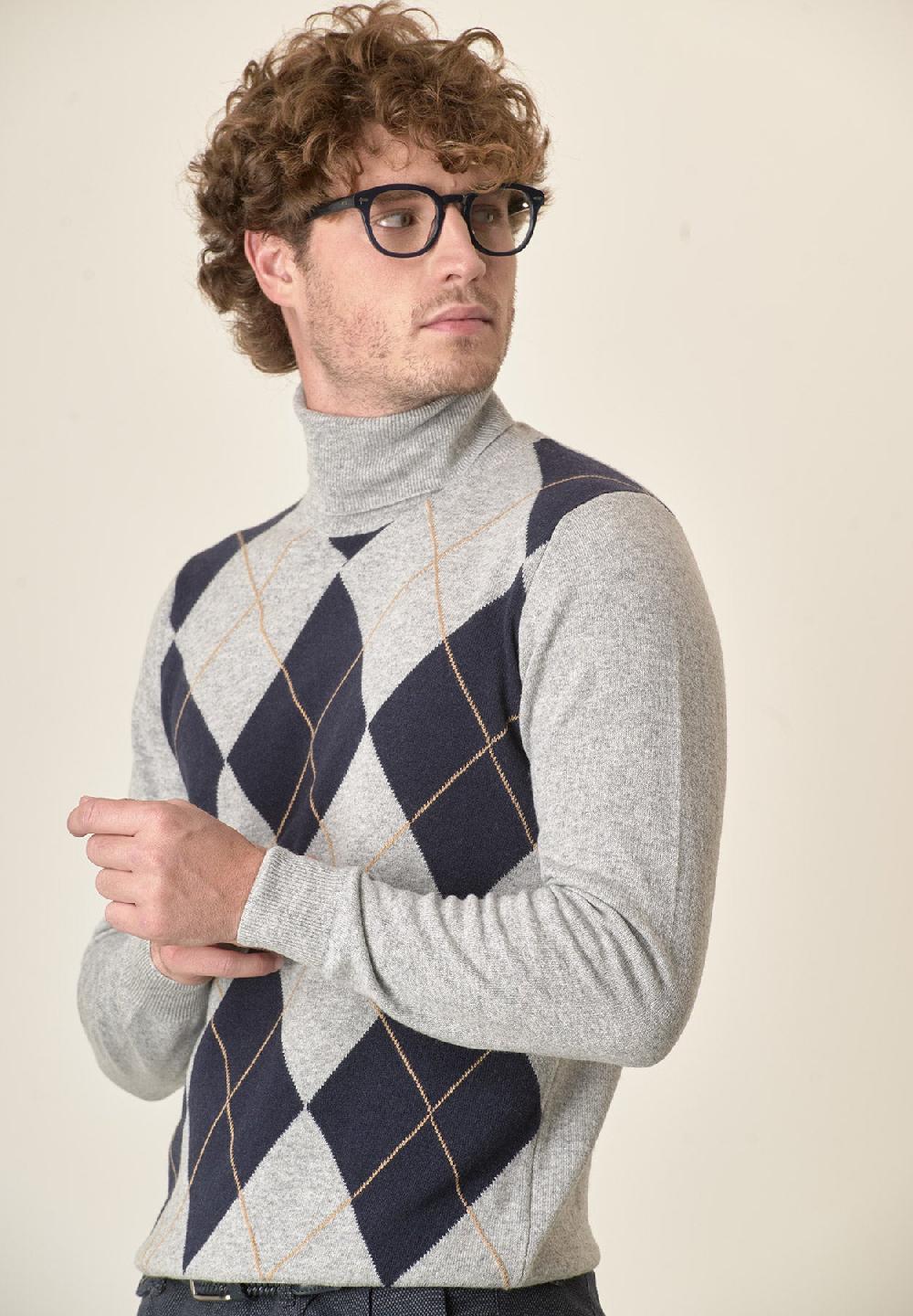 Angelico Dolcevita grigio motivo rombi misto cashmere Qualità Garantita