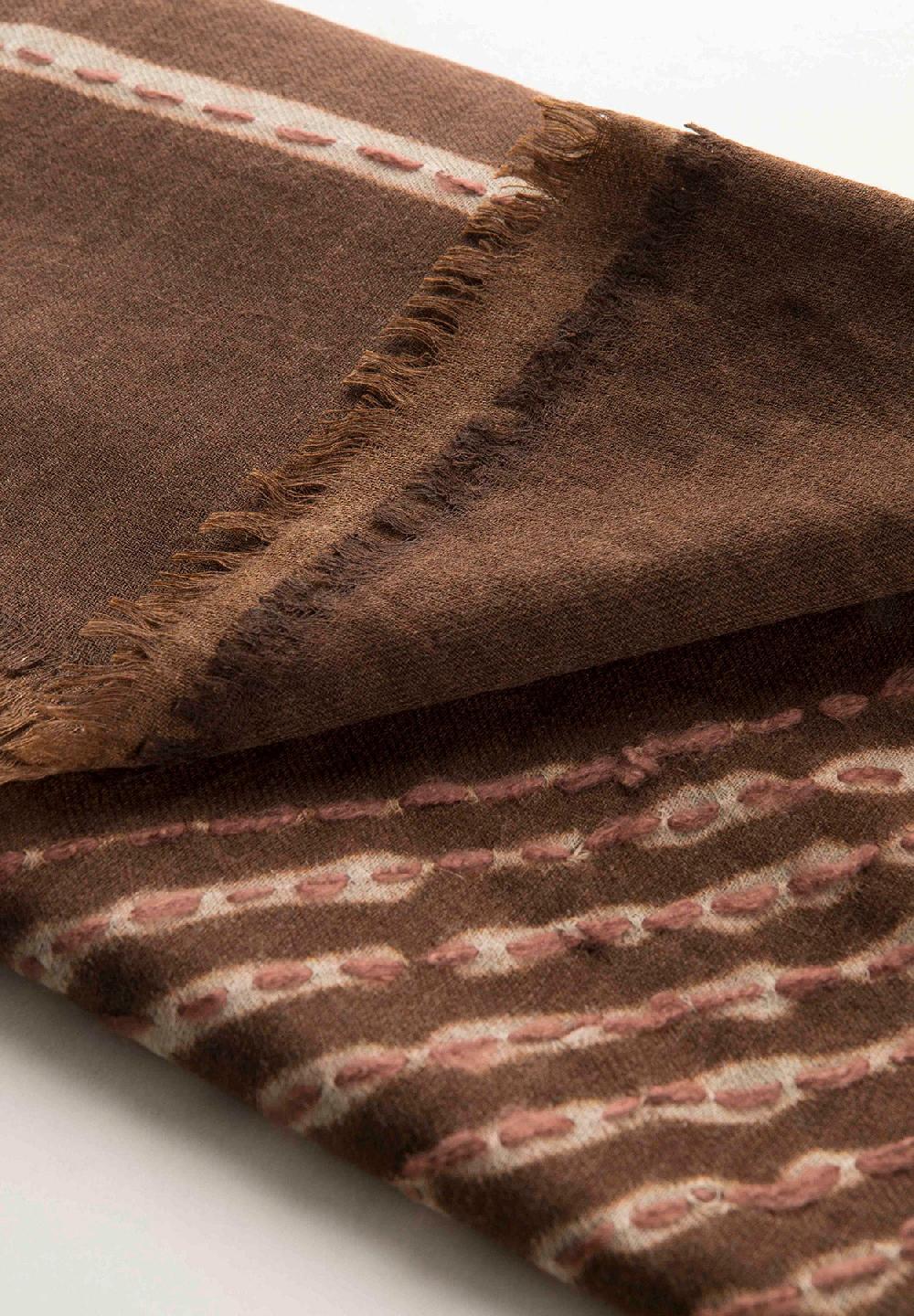 Angelico Sciarpa marrone ricamo beige lana frange Nuovo