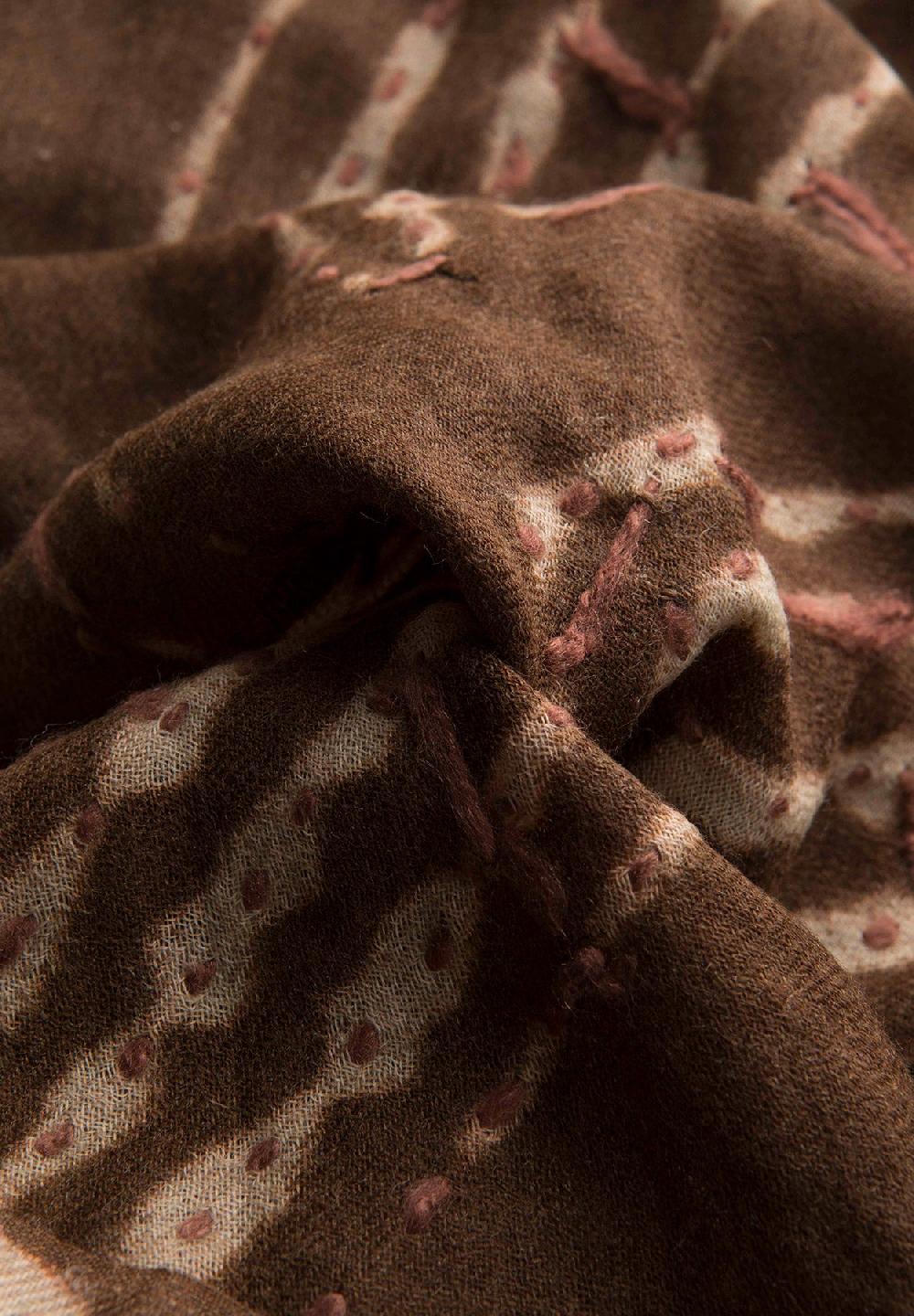 Angelico Sciarpa marrone ricamo beige lana frange Nuovo