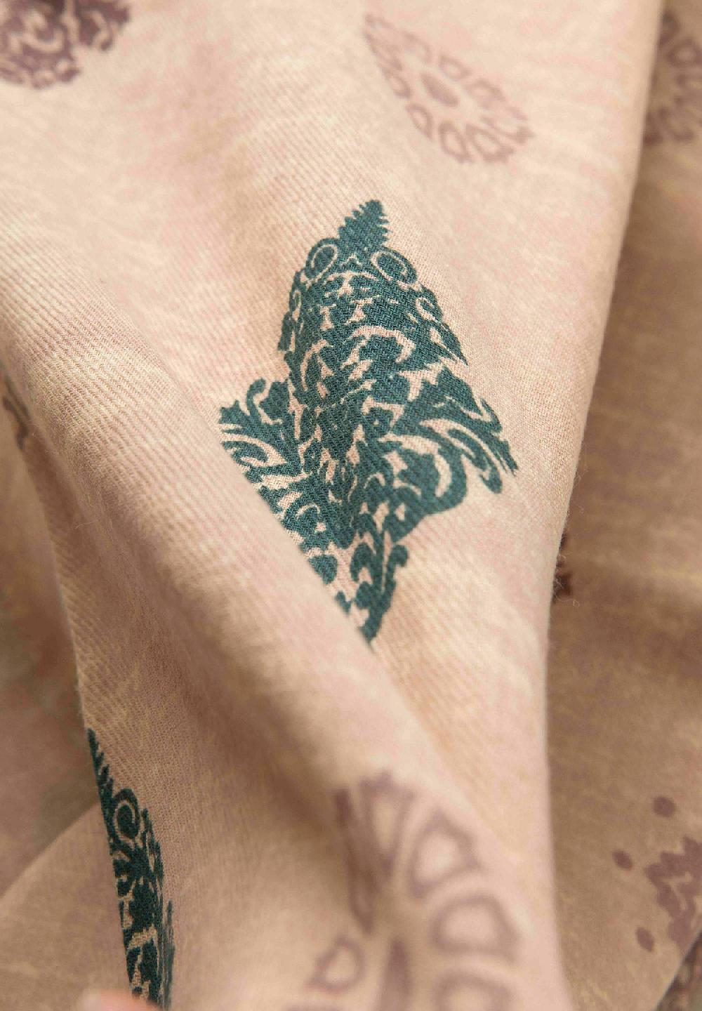 Angelico Sciarpa beige verde fantasia astratta cotone lana frange Promozione
