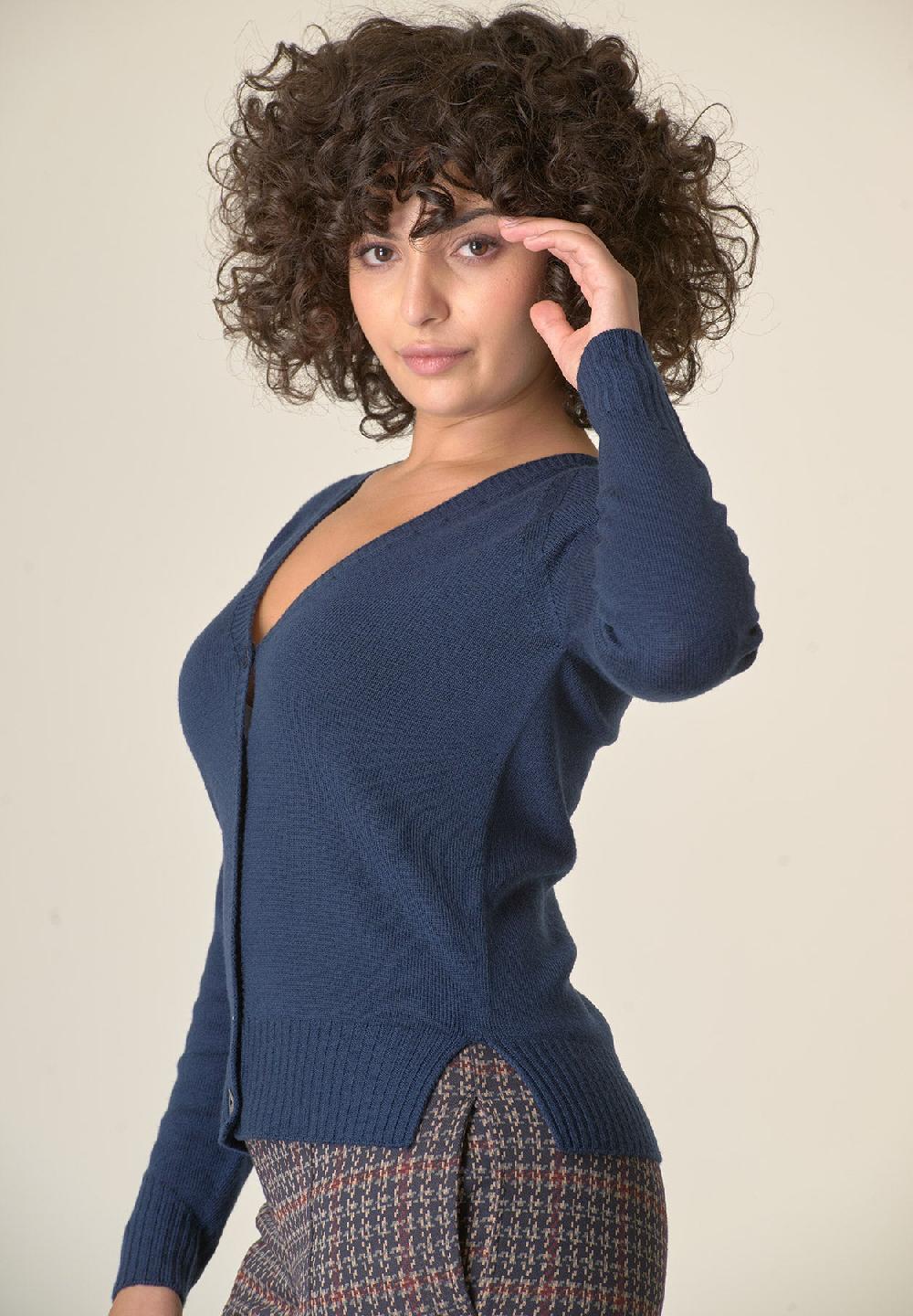 Angelico Cardigan blu lana merinos manica raglan Vendite Flash