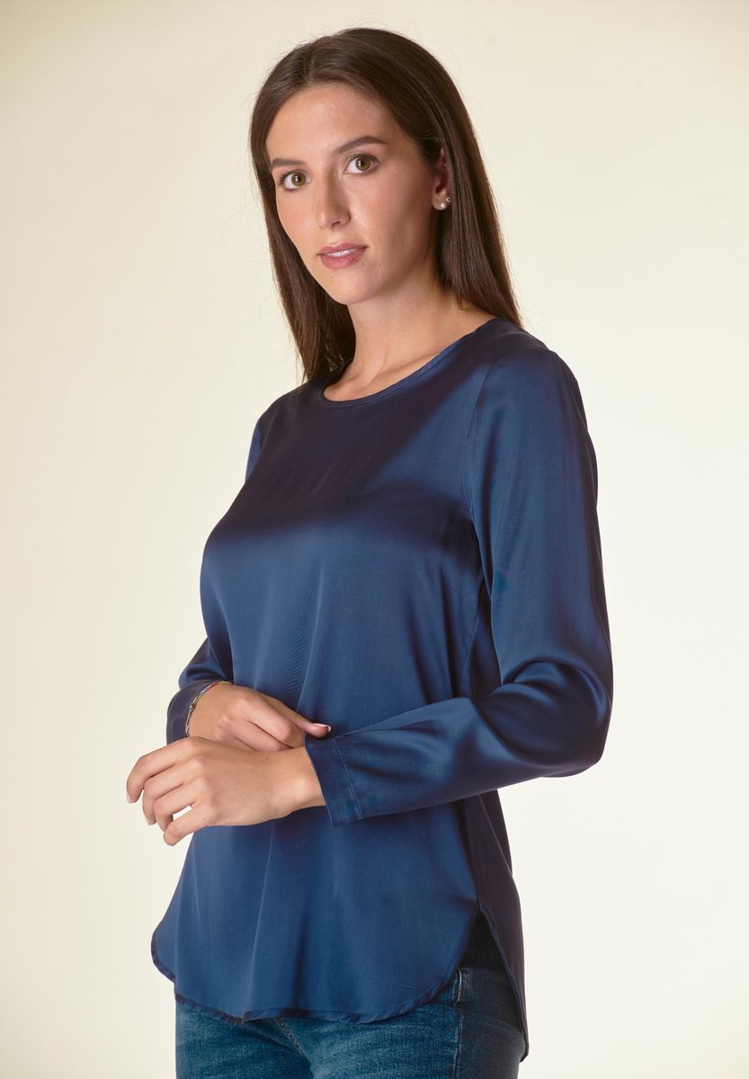 Angelico Blusa blu manica lunga raso viscosa Italy