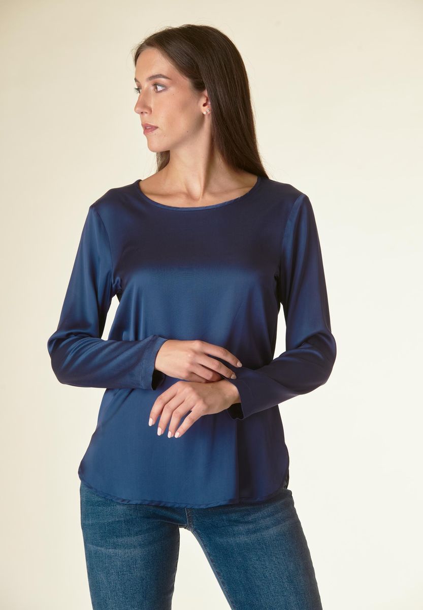 Angelico Blusa blu manica lunga raso viscosa Italy