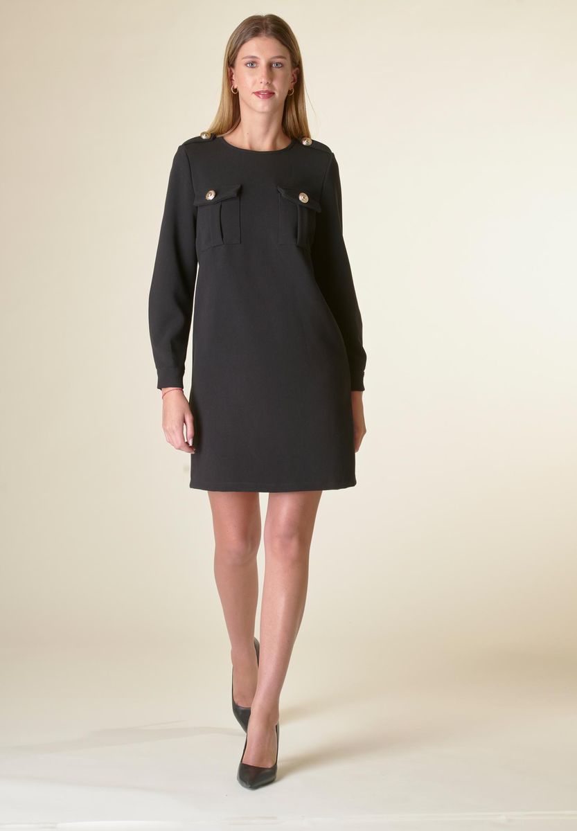 Angelico Vestito nero corto crepe con taschini 2025