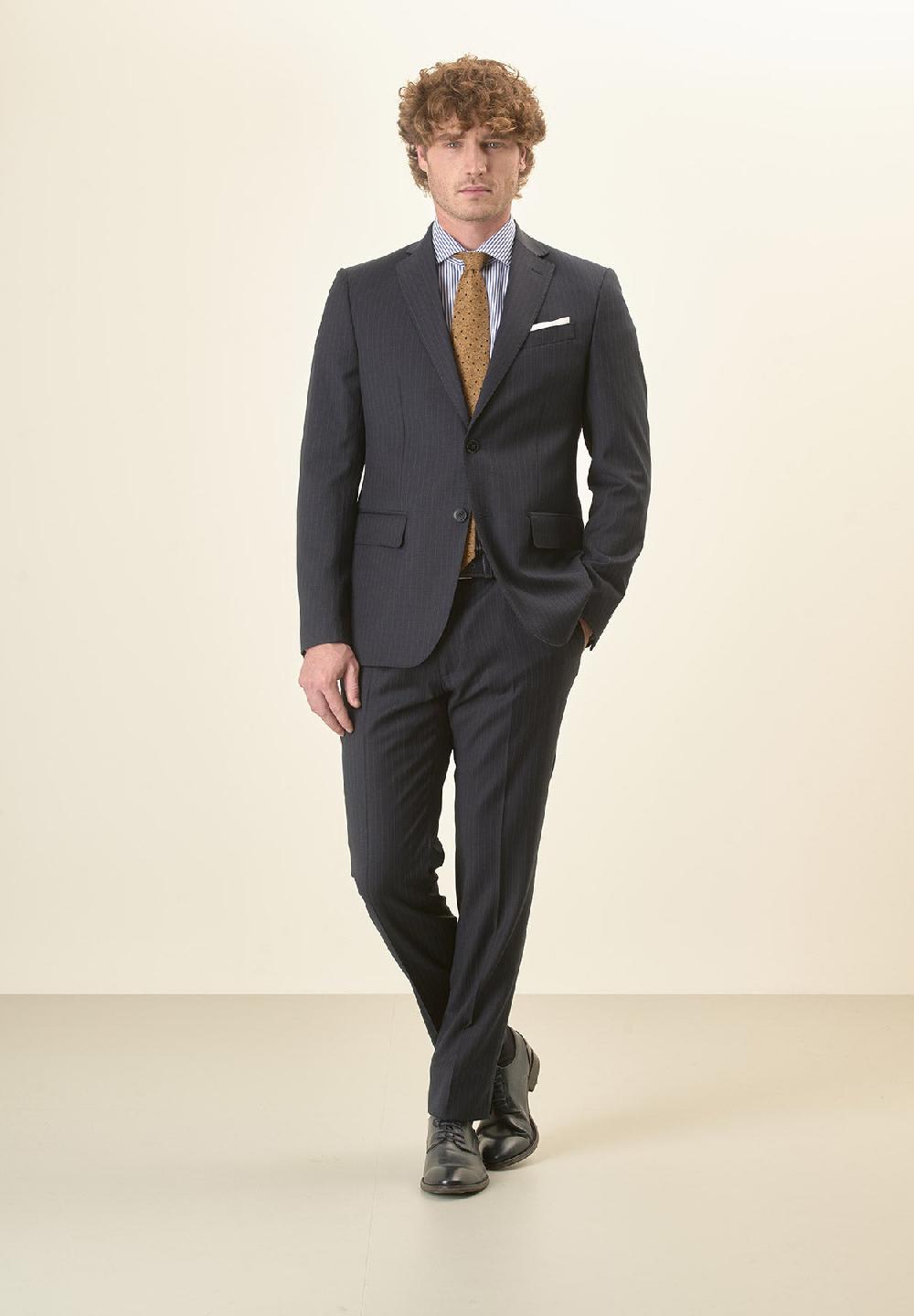 Angelico Abito blu scuro gessato lana vergine stretch custom fit Online