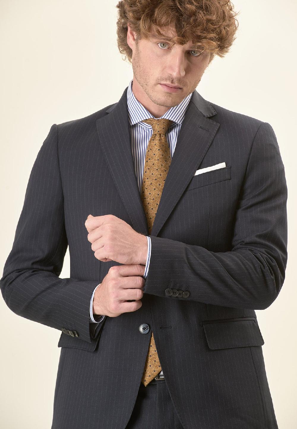 Angelico Abito blu scuro gessato lana vergine stretch custom fit lungo Italy