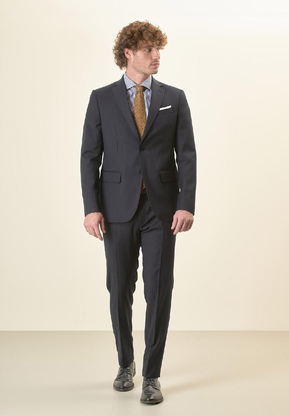 Angelico Abito blu scuro gessato lana vergine stretch custom fit lungo Italy