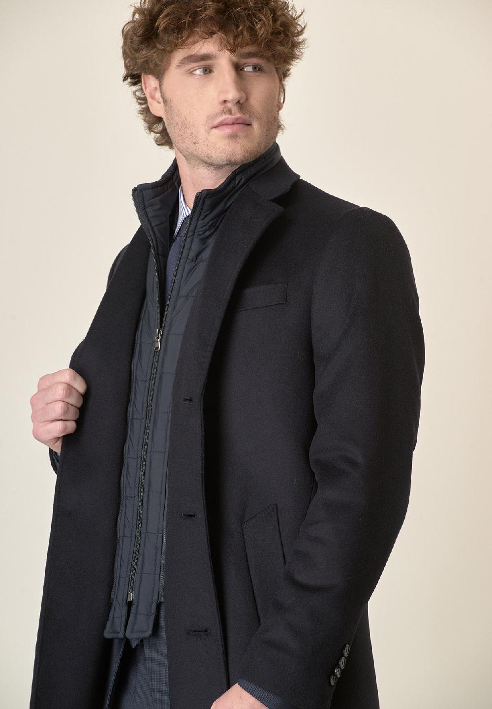 Angelico Cappotto blu misto cashmere pettorina staccabile Sconto